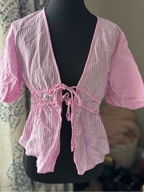 Zara Pink Striped Tie-Front Short Sleeve Top